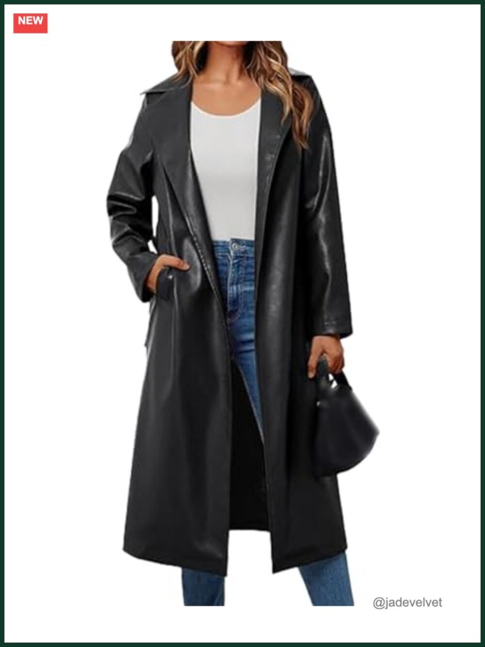 Faux Leather Trench Coat Belted Notched Lapel Loose Fit Long Sleeve